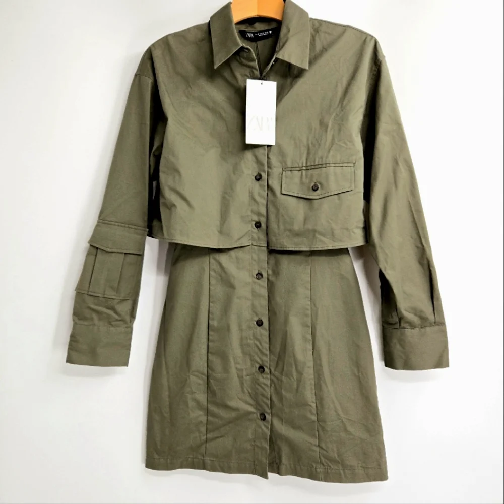Zara Gabardine Shirt Dress Green Utility Long‎ Sleeves
